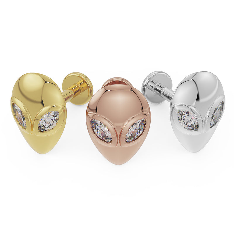 Alien diamond flat back earring shown in all three metal options: 14K yellow, rose, and white gold
