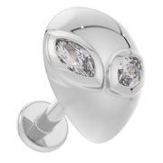 14K white gold alien flat back earring showing side profile with flat back post and diamond eyes