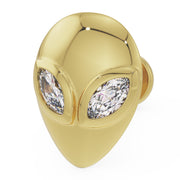 14K yellow gold alien flat back earring with marquise diamond eyes, angled close-up view