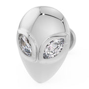 14K white gold alien flat back earring with marquise diamond eyes, angled close-up view