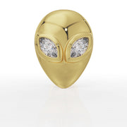 14K yellow gold alien labret stud with marquise diamond eyes, straight-on front view