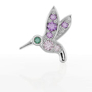 14K white gold hummingbird flat back earring front view with amethyst and pink sapphire stones and reflection