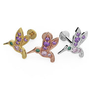 Hummingbird 14K gold flat back labret in yellow, rose, and white gold side-by-side color comparison