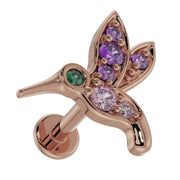 14K rose gold hummingbird labret showing flat back post and disc from slight side angle