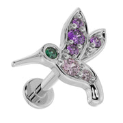 14K white gold hummingbird labret showing flat back post and disc from slight side angle