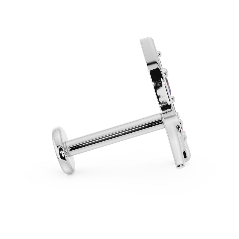 Side profile of white gold hummingbird flat back labret showing post length and flat disc backing