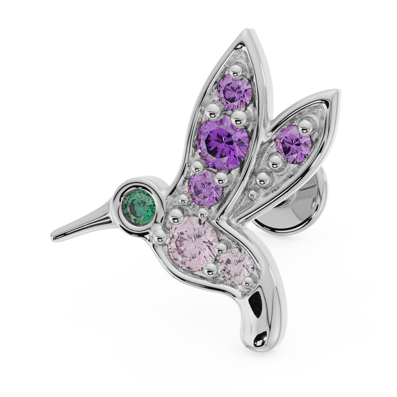 14K white gold hummingbird flat back labret with amethyst, pink sapphire, and emerald gems, angled view