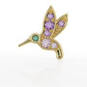 14K yellow gold hummingbird flat back earring front view with amethyst and pink sapphire stones and reflection