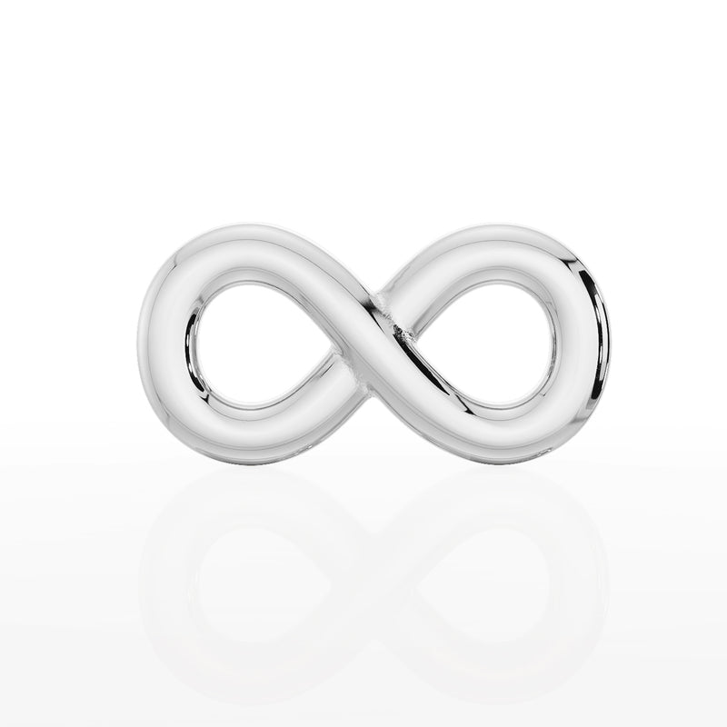 14K white gold infinity symbol flat back earring, straight-on front view showing full polished design