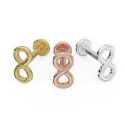 Infinity flat back labret in all three metal options: 14K yellow gold, rose gold, and white gold