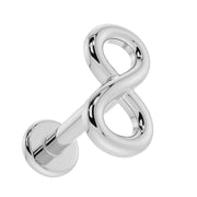 14K white gold infinity flat back labret, overhead angled view showing symbol shape and post detail