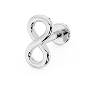 14K white gold infinity symbol flat back labret, angled side view showing post and flat disc backing