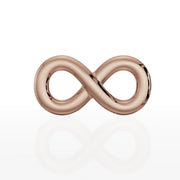 14K rose gold infinity symbol flat back earring, front view showing polished finish with reflection