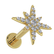 14K yellow gold north star diamond labret, low side angle showing flat back post and disc clearly