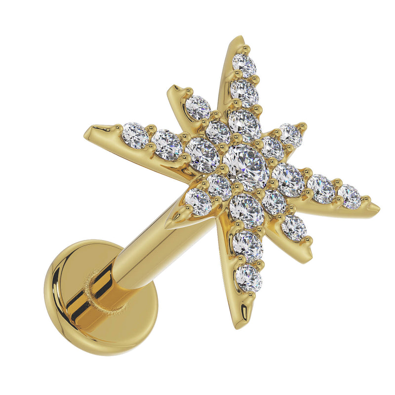 14K yellow gold north star diamond labret, low side angle showing flat back post and disc clearly