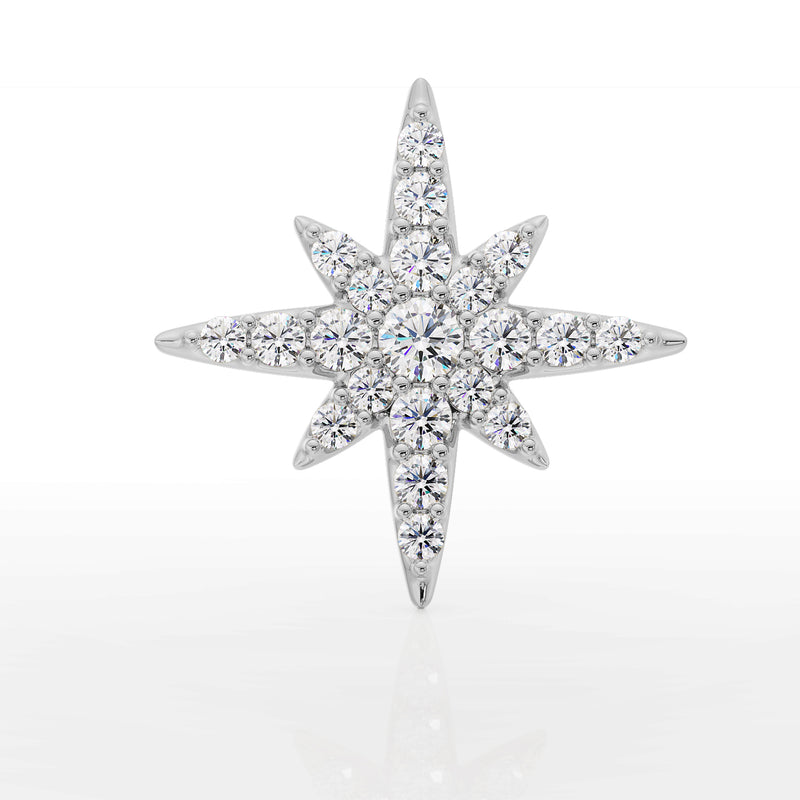 14K white gold north star diamond flat back earring, straight-on front view highlighting pave diamond setting