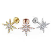 North star diamond flat back earring in all three metal options: 14K yellow, rose, and white gold