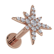 14K rose gold north star diamond labret, low side angle showing flat back post and disc clearly
