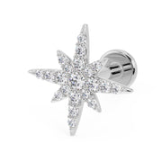 14K white gold north star diamond flat back earring, angled view showing post and flat disc backing
