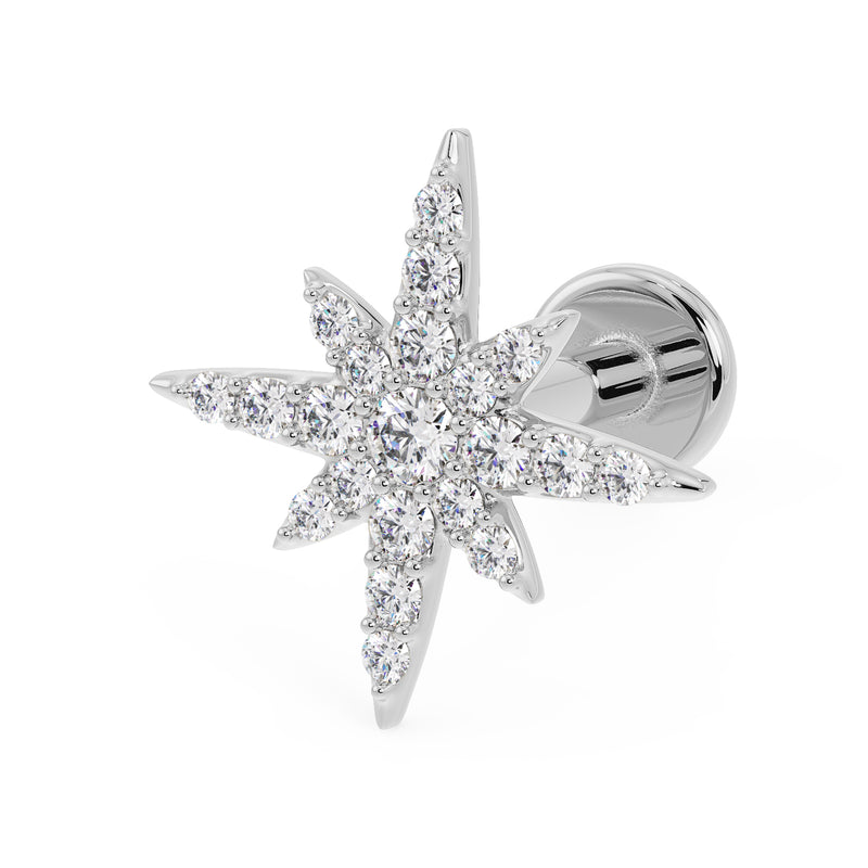 14K white gold north star diamond flat back earring, angled view showing post and flat disc backing