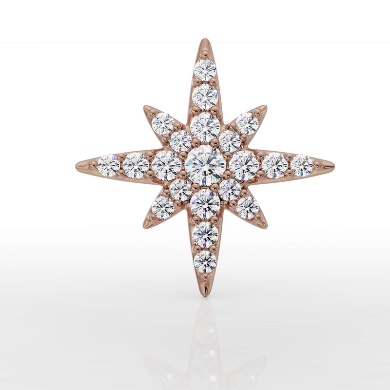 14K rose gold north star diamond flat back earring, straight-on front view highlighting pave diamond setting