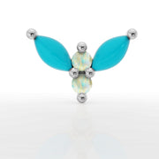Front view of 14K white gold firefly labret end showing marquise turquoise wings and dual white opal stones