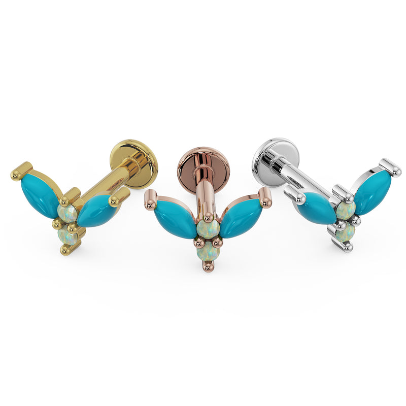 Firefly opal turquoise flat back labret in all three metal options: 14K yellow gold, rose gold, and white gold