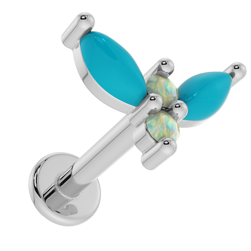 Top-down angled view of 14K white gold firefly labret showing post and marquise turquoise opal end detail