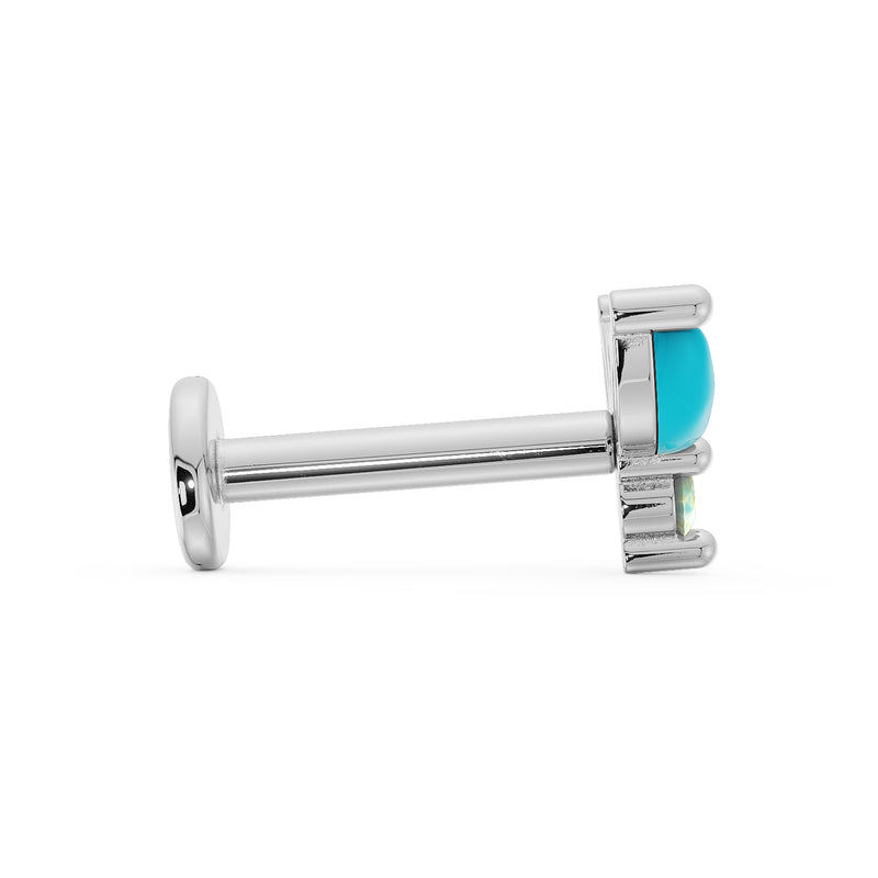 Side profile of white gold firefly flat back labret showing post length, flat disc backing, and stone depth