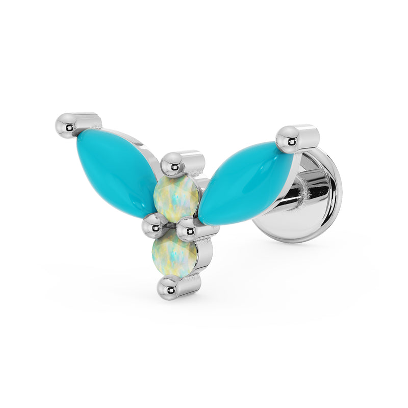 14K white gold firefly flat back earring with turquoise marquise wings and rainbow opal body, angled side view