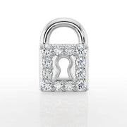 Close-up front view of 14k white gold diamond lock earring top, highlighting 12 pave diamonds and keyhole