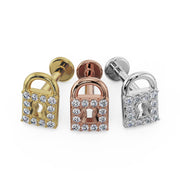 Diamond lock flat back labret in all three metal options: 14k yellow gold, rose gold, and white gold