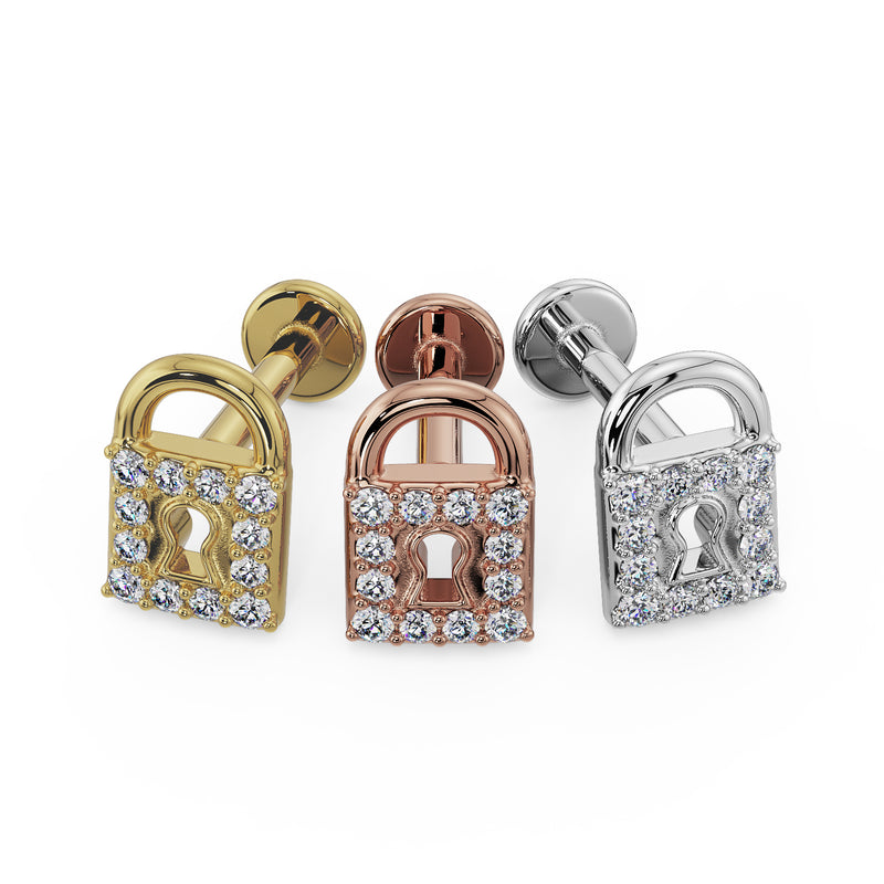 Diamond lock flat back labret in all three metal options: 14k yellow gold, rose gold, and white gold