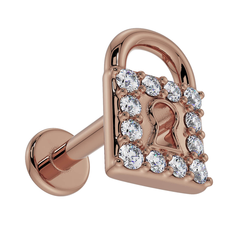 Side profile of 14k rose gold diamond lock flat back labret showing post length and flat disc backing