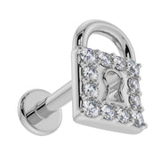 Side profile of 14k white gold diamond lock flat back labret showing post and flat disc backing detail