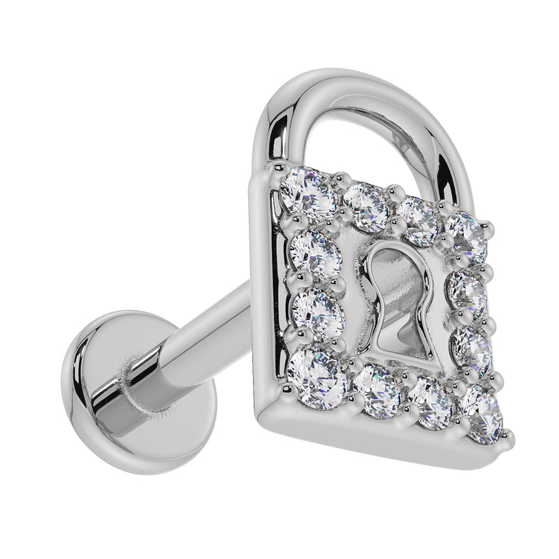 Side profile of 14k white gold diamond lock flat back labret showing post and flat disc backing detail