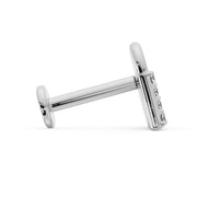 Straight-on side view of 14k white gold diamond lock flat back labret showing full post and flat back disc