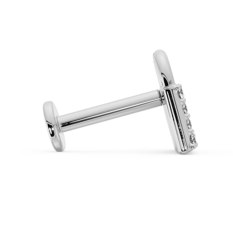 Straight-on side view of 14k white gold diamond lock flat back labret showing full post and flat back disc