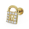 14k yellow gold diamond padlock flat back earring, angled view showing 12-diamond pave body and keyhole