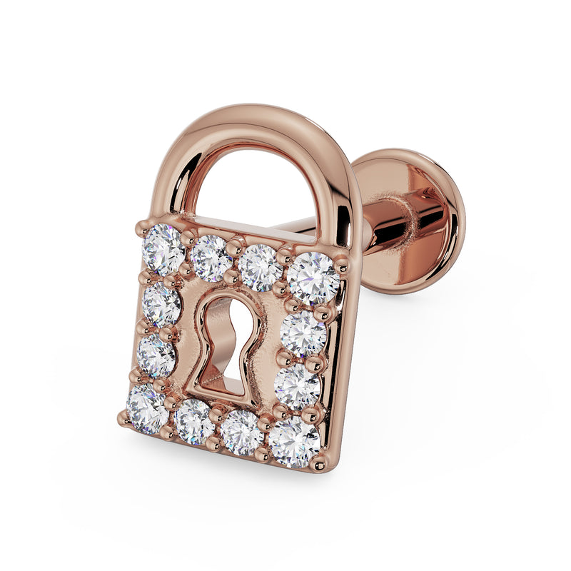 14k rose gold diamond padlock flat back earring, angled view showing 12-diamond pave body and keyhole