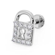 14k white gold diamond padlock flat back earring, angled view showing pave diamond setting and keyhole