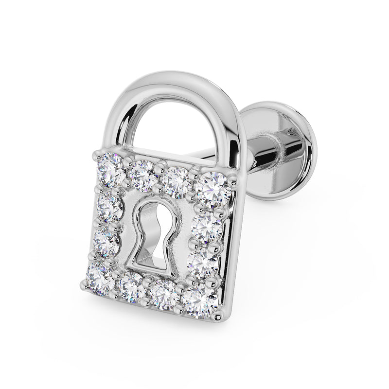 14k white gold diamond padlock flat back earring, angled view showing pave diamond setting and keyhole