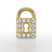 Close-up front view of 14k yellow gold diamond lock earring top, showing all 12 diamonds and keyhole detail