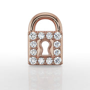 Close-up front view of 14k rose gold diamond lock earring top, showcasing 12 pave diamonds and keyhole