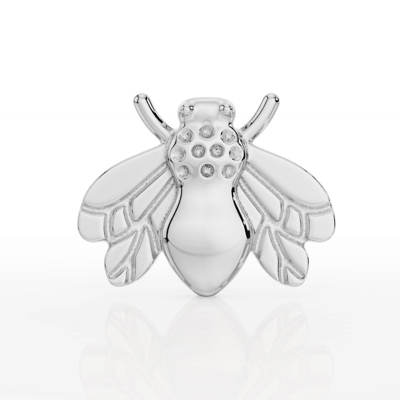 14K white gold bee flat back cartilage earring, front view showing polished wings and dotted thorax