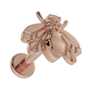 14K rose gold bee flat back labret, overhead angled view highlighting warm tone and engraved wings