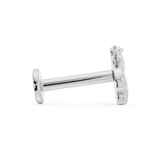 Side profile of 14K white gold bee flat back labret showing post length and flat backing disc