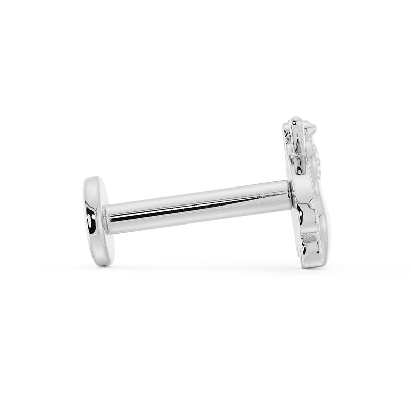 Side profile of 14K white gold bee flat back labret showing post length and flat backing disc