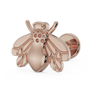 14K rose gold bee flat back earring, angled view showing textured thorax and engraved wing detail
