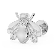 14K white gold bee flat back earring, angled product shot highlighting engraved wings and flat backing